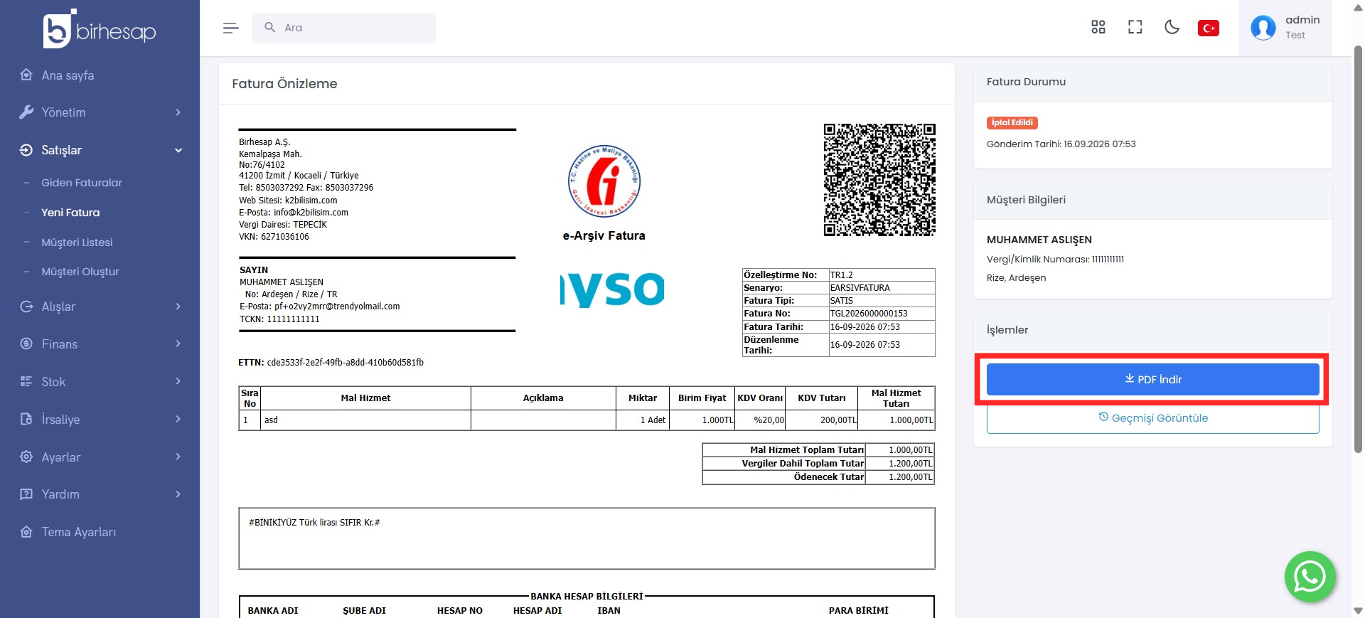 BirHesap Fatura İnceleme Ekranı ve PDF İndir Butonu