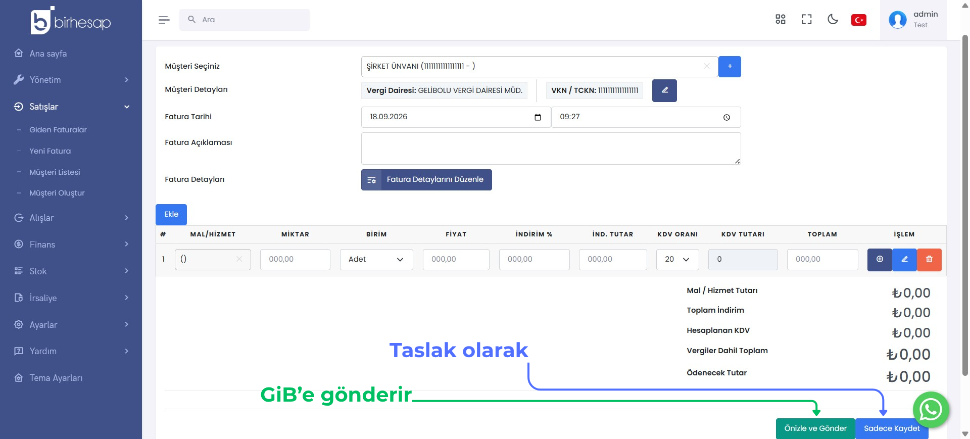 BirHesap Fatura Kaydet ve Gönder Ekranı
