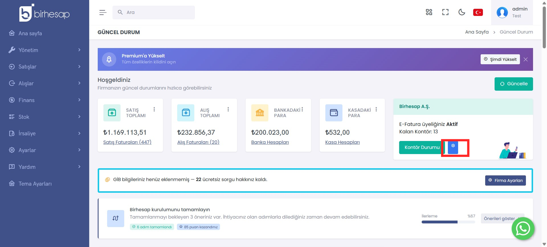 BirHesap Firma Bilgileri Genel Ekranı