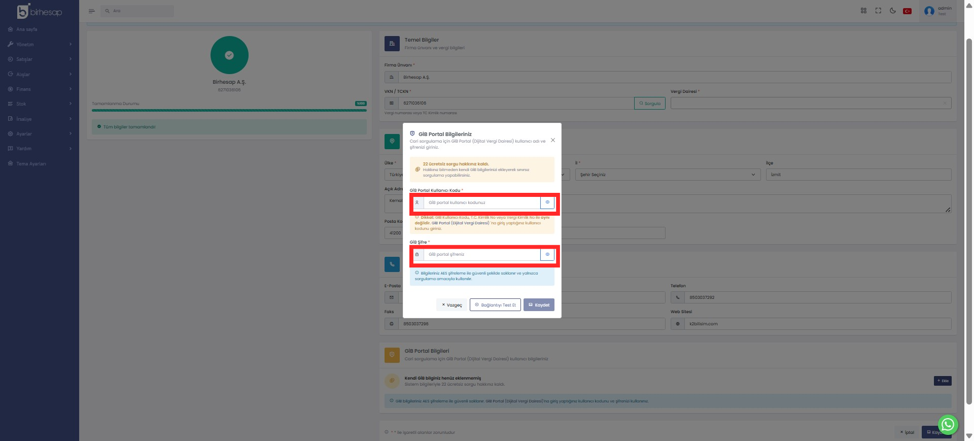 BirHesap GİB Portal Bilgileri Tanımlama Penceresi