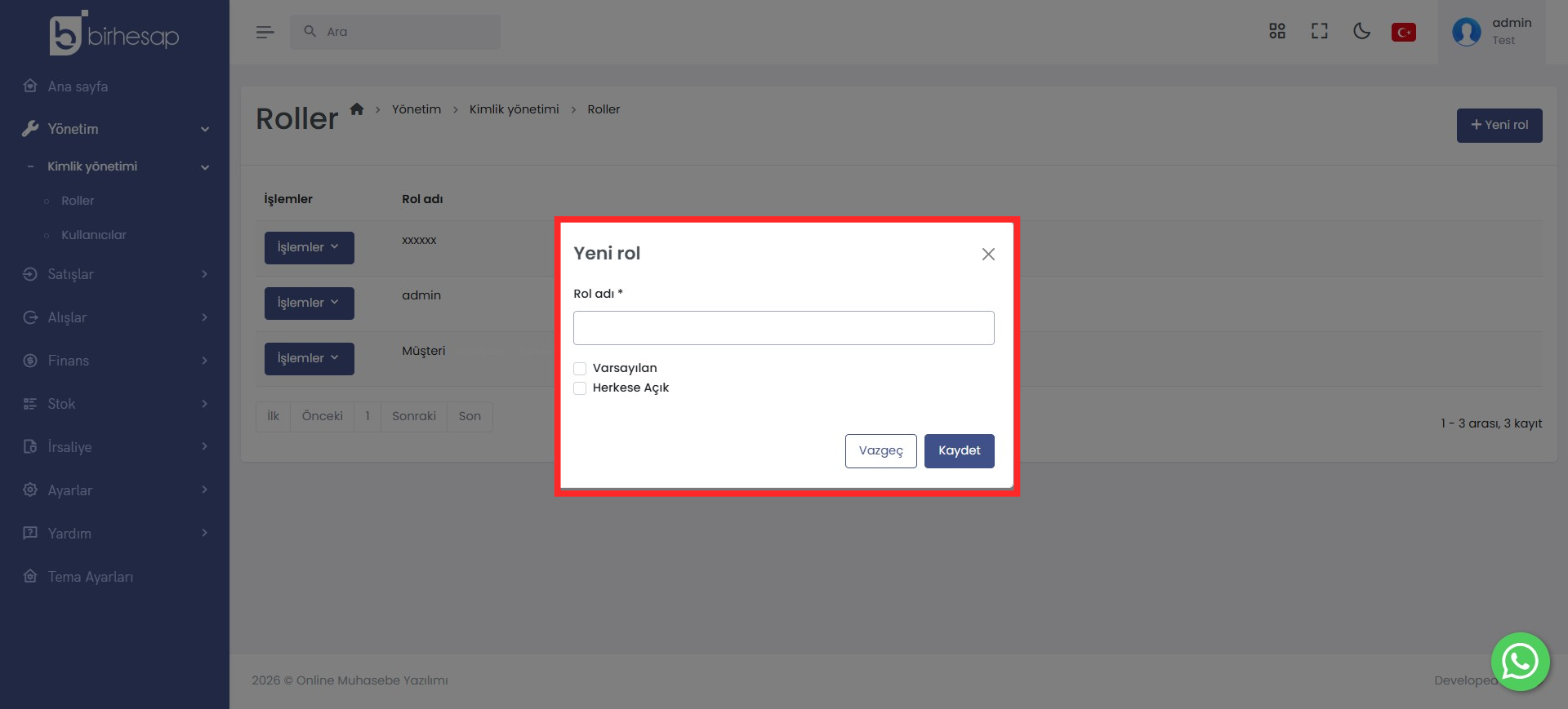 Yeni Rol Oluşturma Ekranı