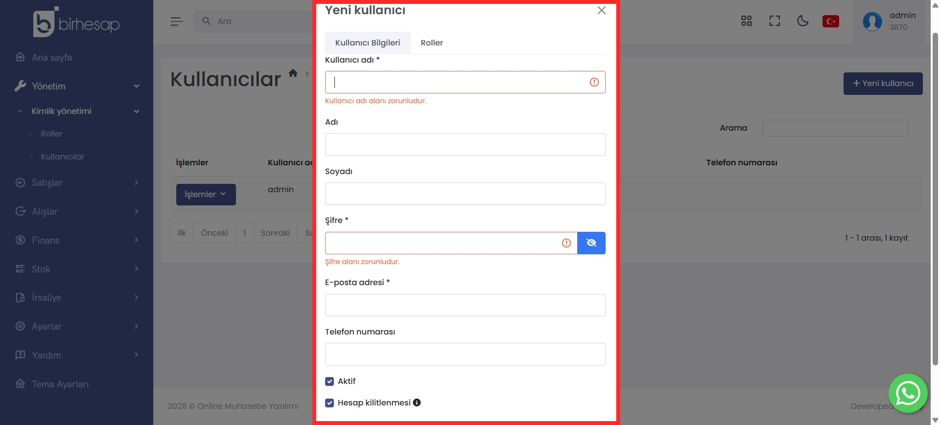 Yeni Kullanıcı Bilgileri Form Alanı