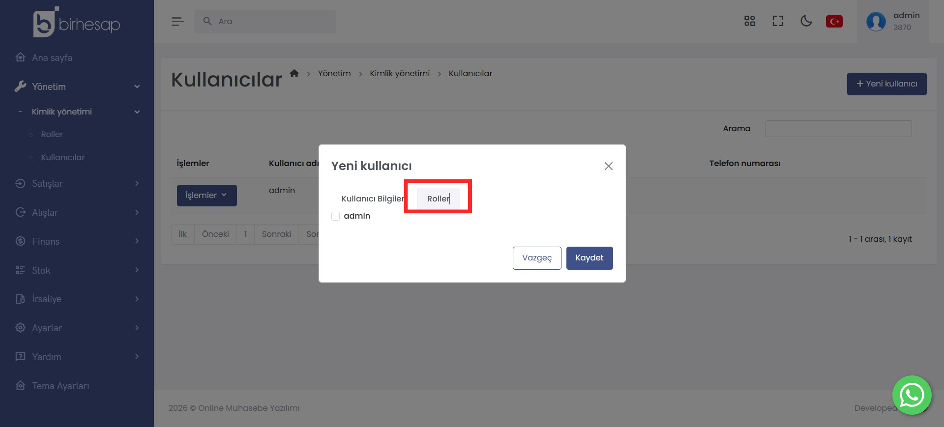 Yeni Kullanıcı Roller Sekmesi ve Kaydet Butonu